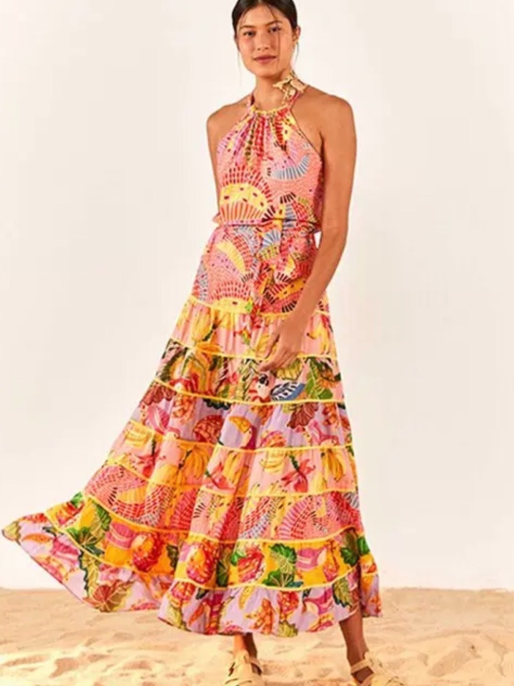 FARM Rio Pink & Yellow Tropical Halter Tiered Maxi Dress| NWT | Size M
